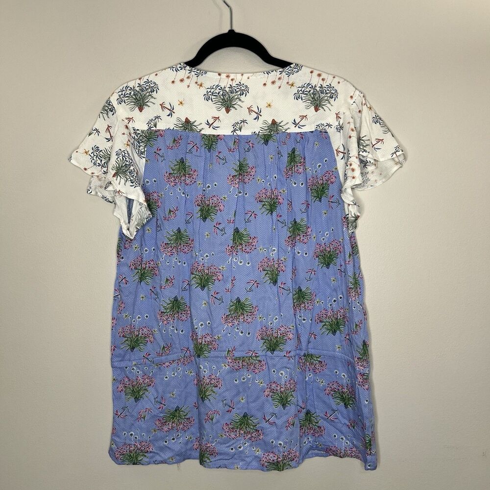 Entro Top Blouse Women Large Blue White V-Neck Short Sleeve Floral Boho NWT - Picture 6 of 11